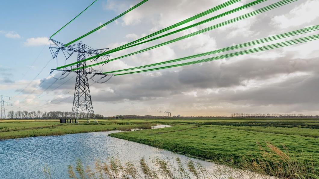 Een elektriciteitsmast staat in een weiland. De elektriciteitslijnen zijn groen.