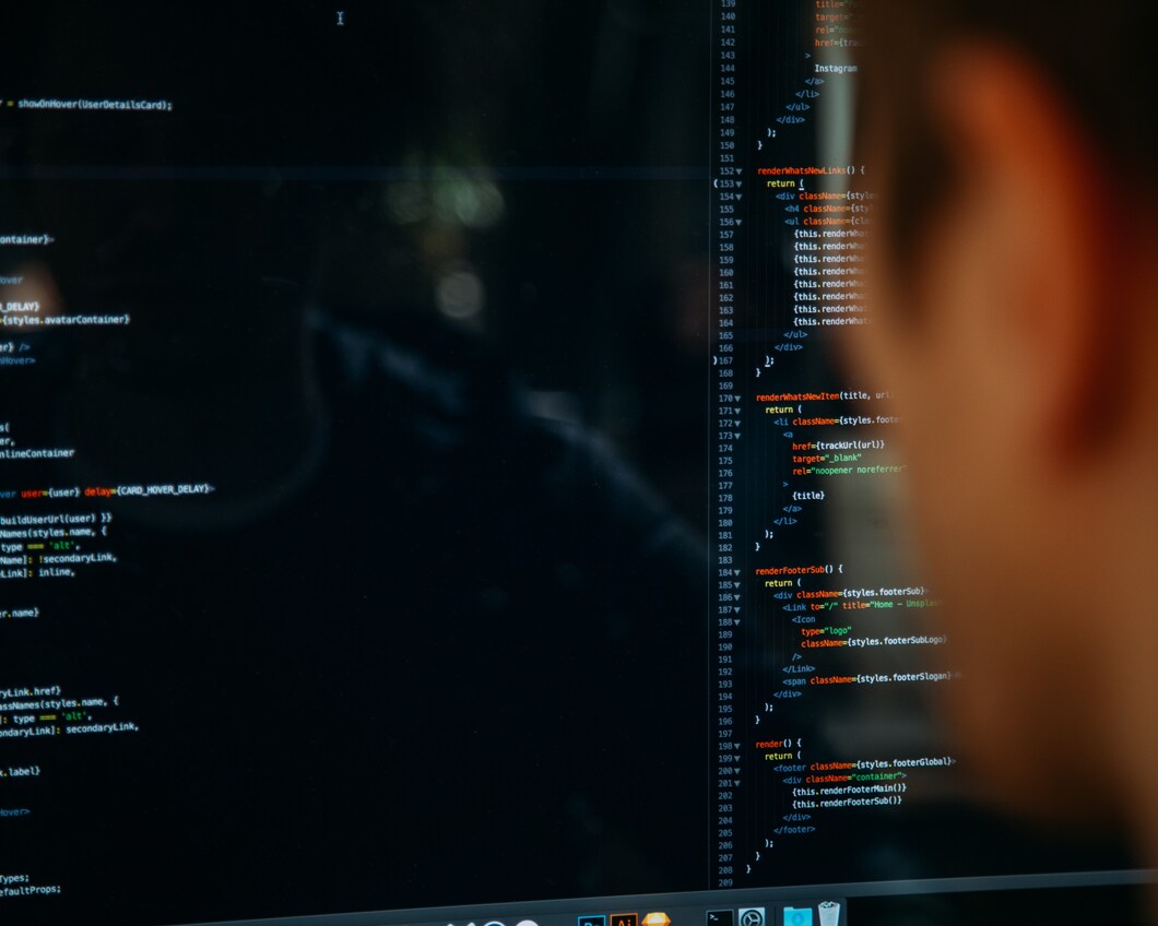 Een computerscherm vol met code, met het zij-aanzicht van een persoon wat naar het beeldscherm kijkt